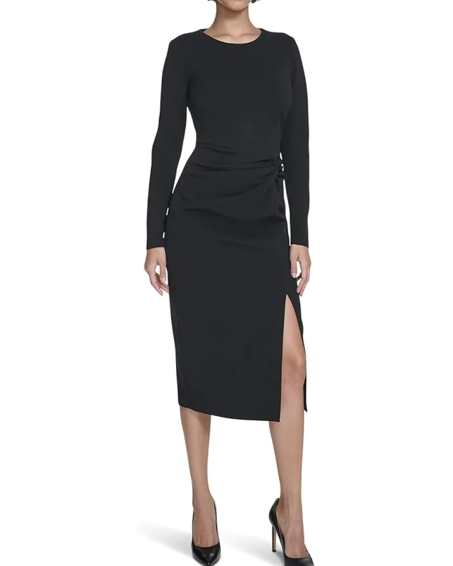 Long Sleeve Solid Rouched Midi