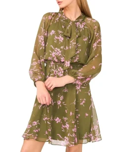 Long Sleeve Tie Neck Printed Dress
