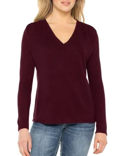 Long Sleeve V-Neck Knit Top W/ Shirring