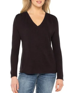Long Sleeve V-Neck Knit Top W/ Shirring