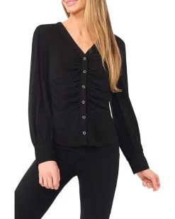 Long Sleeve V-neck Shirred Button Down Knit