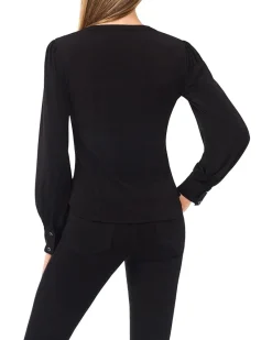 Long Sleeve V-neck Shirred Button Down Knit