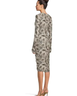 Long Sleeve V-Neck Shirred Front Dress To Knee