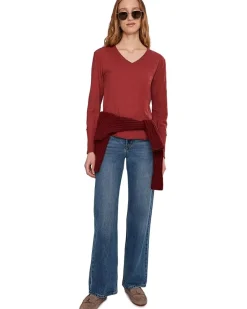 Long Sleeve Waffle Mix V-Neck Top