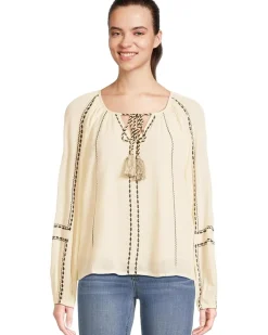 Long Sleeve Woven Raglan Blouse With Embroidery