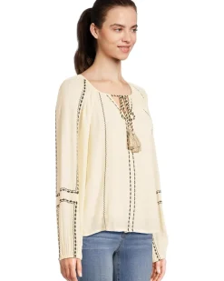 Long Sleeve Woven Raglan Blouse With Embroidery