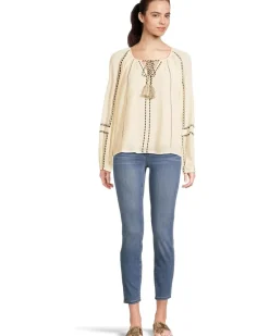 Long Sleeve Woven Raglan Blouse With Embroidery