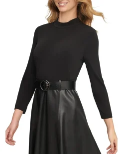 Matte Jersey Pu Leather Belted Aline Combo