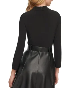 Matte Jersey Pu Leather Belted Aline Combo