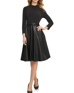 Matte Jersey Pu Leather Belted Aline Combo