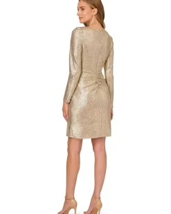 Metallic Foil Knit Draped Cocktail Dress