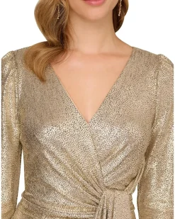 Metallic Foil Knit Draped Cocktail Dress
