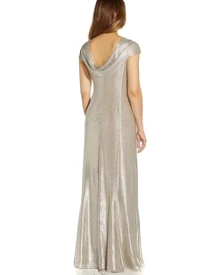 Metallic Knit Drape Neck Gown