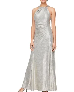 Metallic Knit Long Halter Neck Dress with Ruched Waist