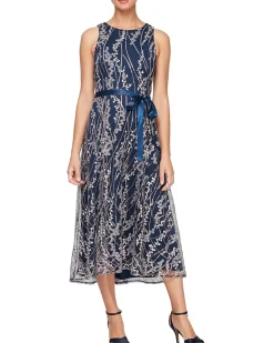 Midi Length Embroidered Dress with Satin Tie Belt