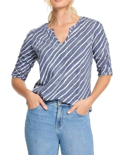 Mixed Stripe Ruched Sleeve Tee