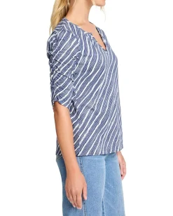 Mixed Stripe Ruched Sleeve Tee