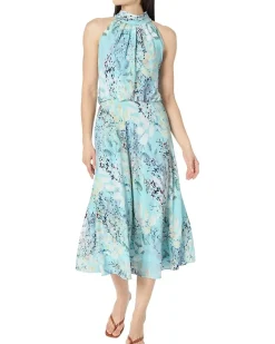 Mock Neck Printed Water Color Midi Dress