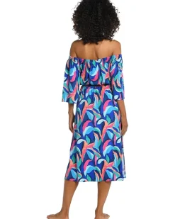 Painted Leaves Off-the-Shoulder Midi Dress