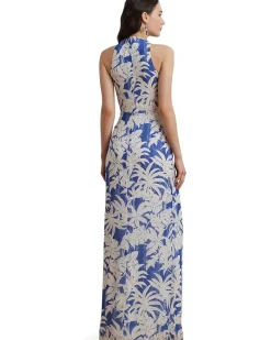 Palm-Frond-Print Georgette Halter Gown