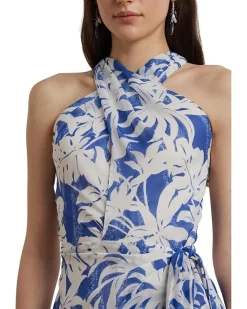 Palm-Frond-Print Georgette Halter Gown
