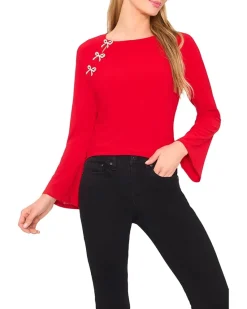 Pearl Bow Applique Long Sleeve Knit Top
