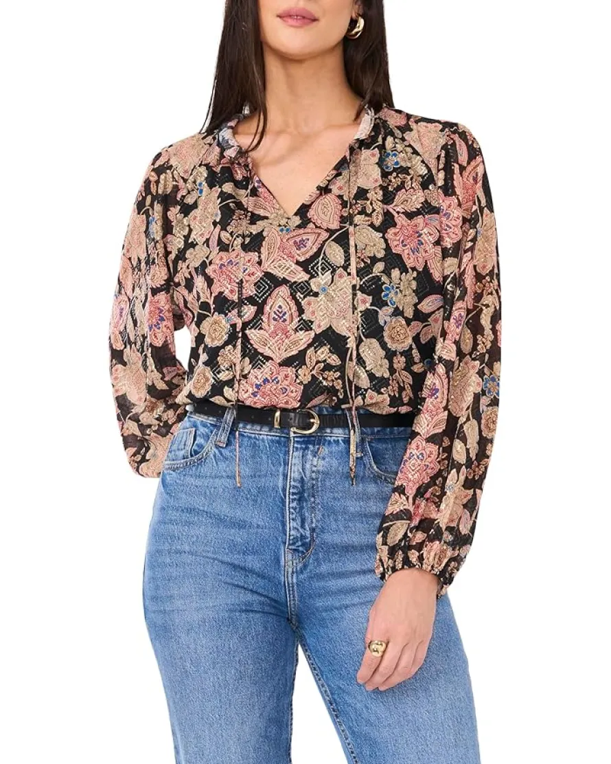 Peasant Split Neck Long Sleeve Blouse With Ties