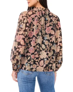 Peasant Split Neck Long Sleeve Blouse With Ties