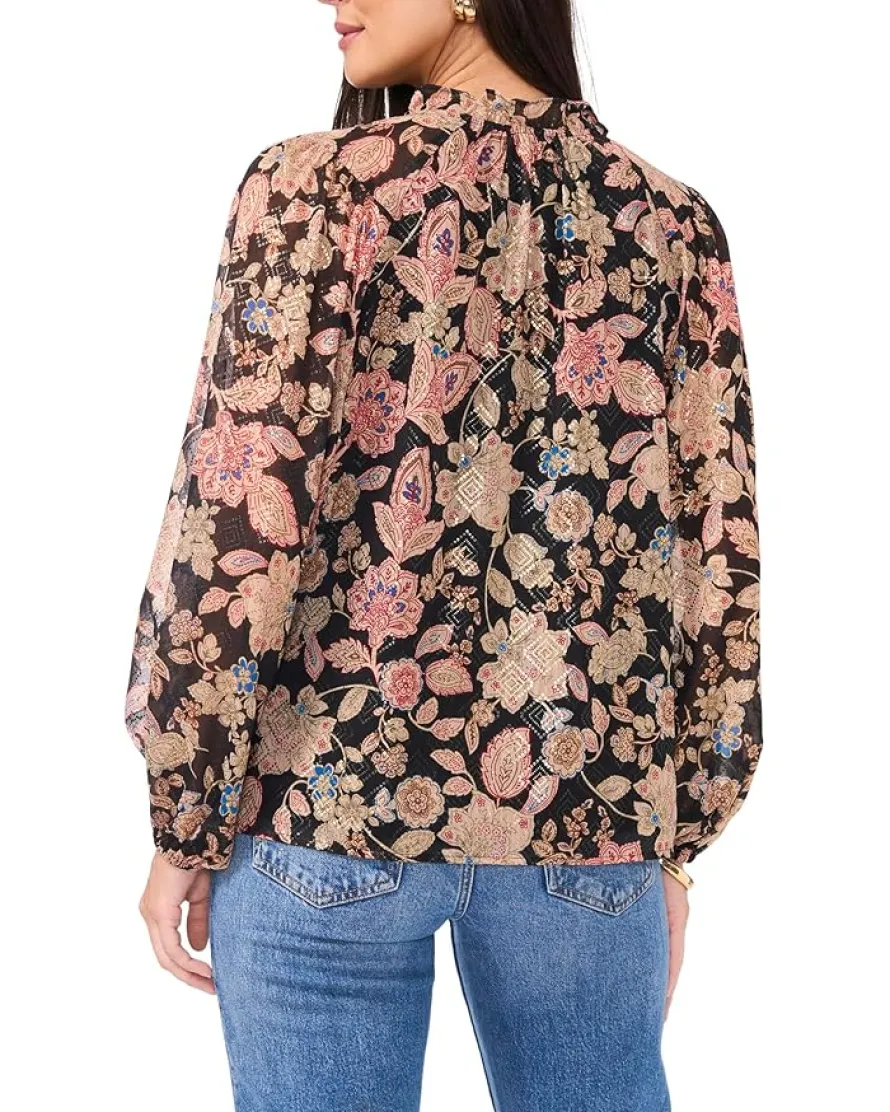 Peasant Split Neck Long Sleeve Blouse With Ties