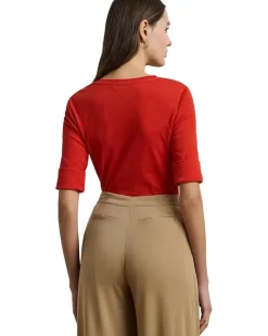 Petite Stretch Cotton Elbow-Sleeve V-Neck Tee