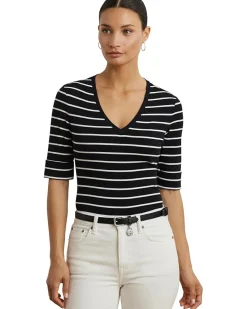 Petite Striped Cotton Elbow-sleeve V-neck Tee
