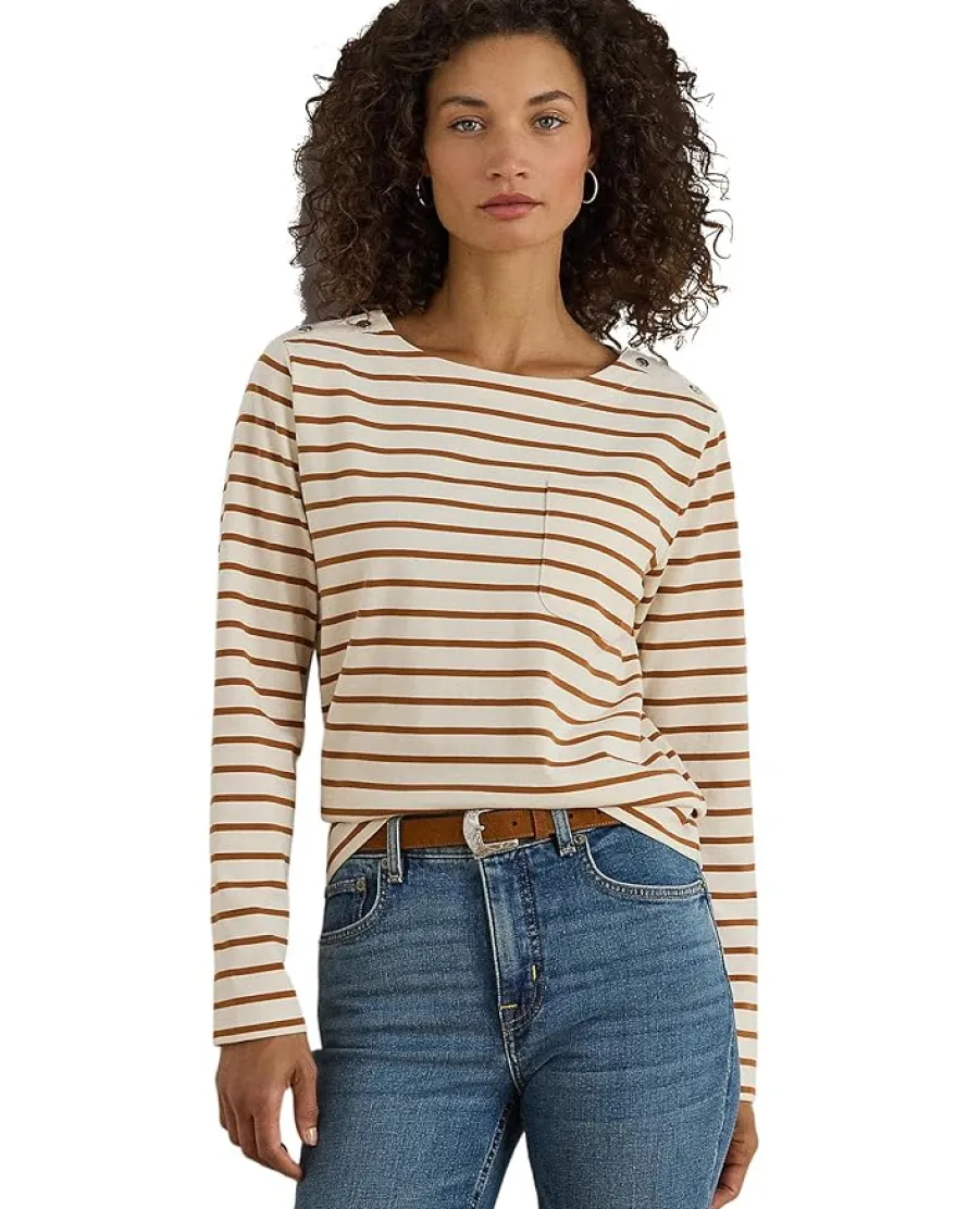 Petite Striped Jersey Snap-Trim Boatneck Top