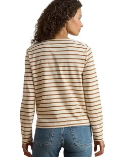 Petite Striped Jersey Snap-Trim Boatneck Top