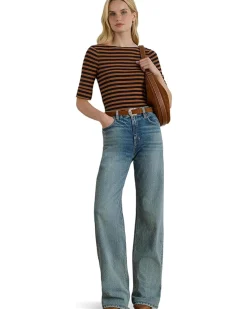 Petite Striped Stretch Cotton Boatneck Tee