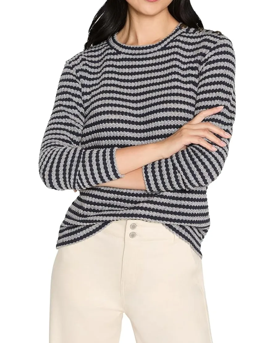 Petite Texture Stripe Button Shoulder Top