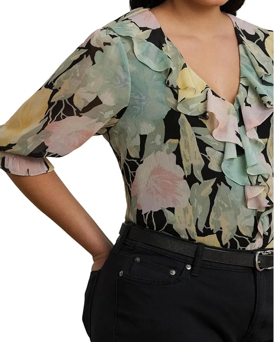 Plus Size Floral Georgette Ruffle-trim Blouse