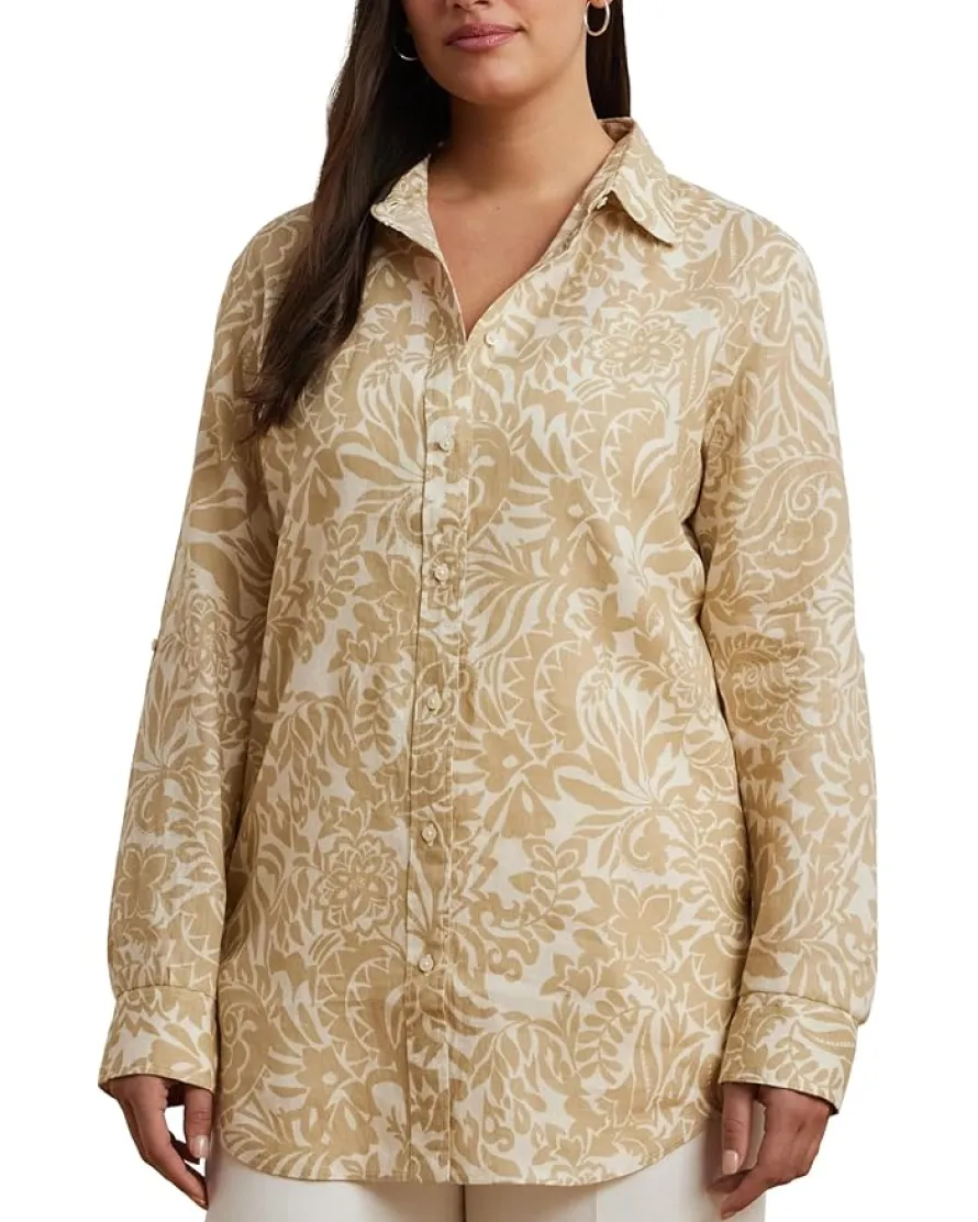 Plus Size Relaxed Fit Floral Linen Shirt