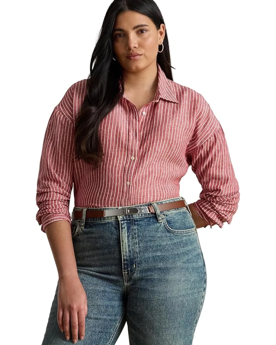 Plus Size Relaxed Fit Striped Linen Shirt