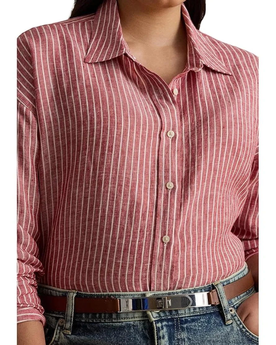 Plus Size Relaxed Fit Striped Linen Shirt