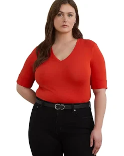 Plus Size Stretch Cotton Elbow-Sleeve V-Neck Tee