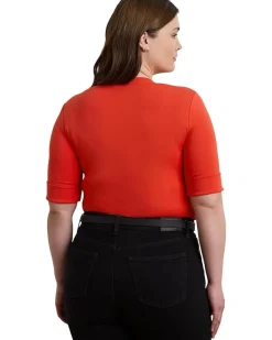 Plus Size Stretch Cotton Elbow-Sleeve V-Neck Tee