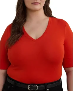 Plus Size Stretch Cotton Elbow-Sleeve V-Neck Tee