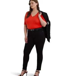 Plus Size Stretch Cotton Elbow-Sleeve V-Neck Tee
