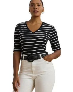 Plus Size Striped Cotton Elbow-sleeve V-neck Tee