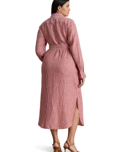 Plus Size Striped Linen Roll-tab-sleeve Shirtdress