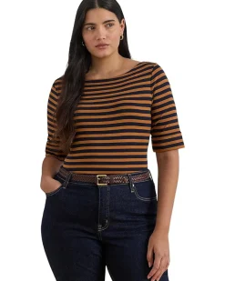 Plus Size Striped Stretch Cotton Boatneck Tee