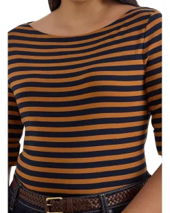 Plus Size Striped Stretch Cotton Boatneck Tee