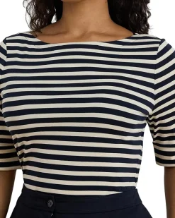 Plus Size Striped Stretch Cotton Boatneck Tee