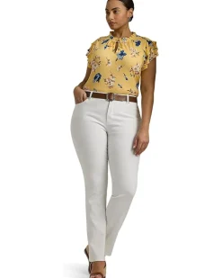 Plus-Size Floral Linen-Blend Jersey Tie-Neck Top
