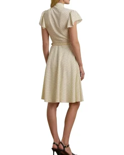 Polka-Dot Belted Crepe Tie-Neck Dress
